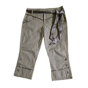 CLASH Jeans Tan Cropped Capri Pants Satin Ribbon Trim Button‎ Detail Y2K Utility